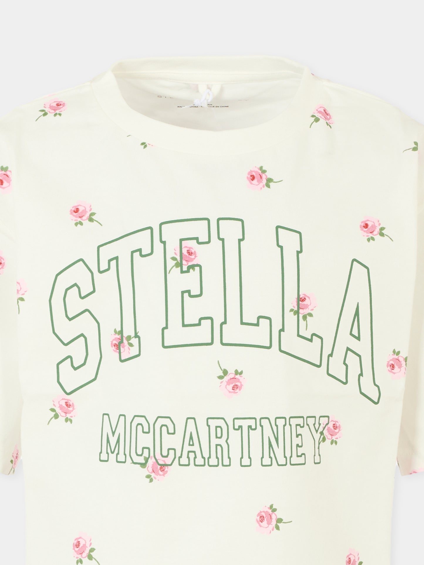 T-shirt avorio crop per bambina con fiori e logo,Stella Mccartney Kids,TX8C61 Z3101 103MC