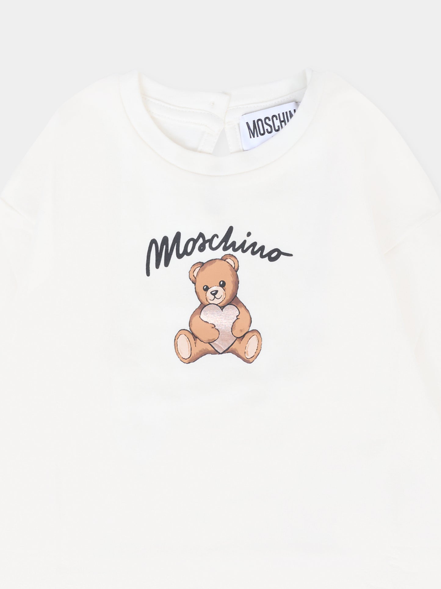 T-shirt avorio per neonata con Teddy Bear e cuore,Moschino Kids,MDO00S LBA11 10063
