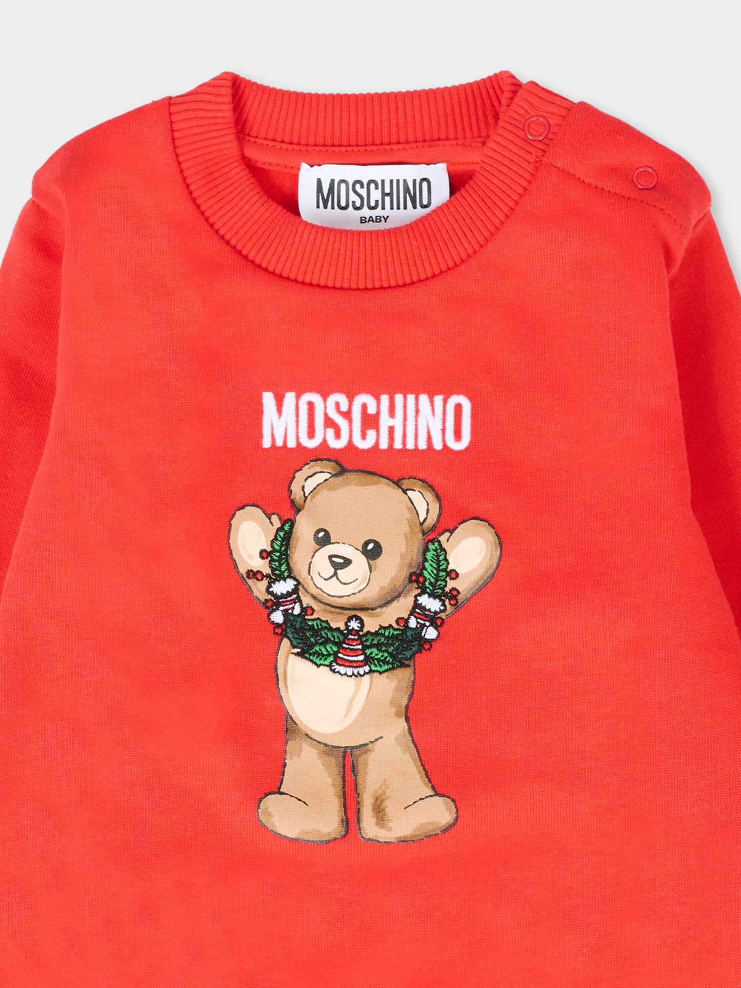 Felpa rossa per neonati con Teddy Bear natalizio,Moschino Kids,MPF060 LCA14 50109