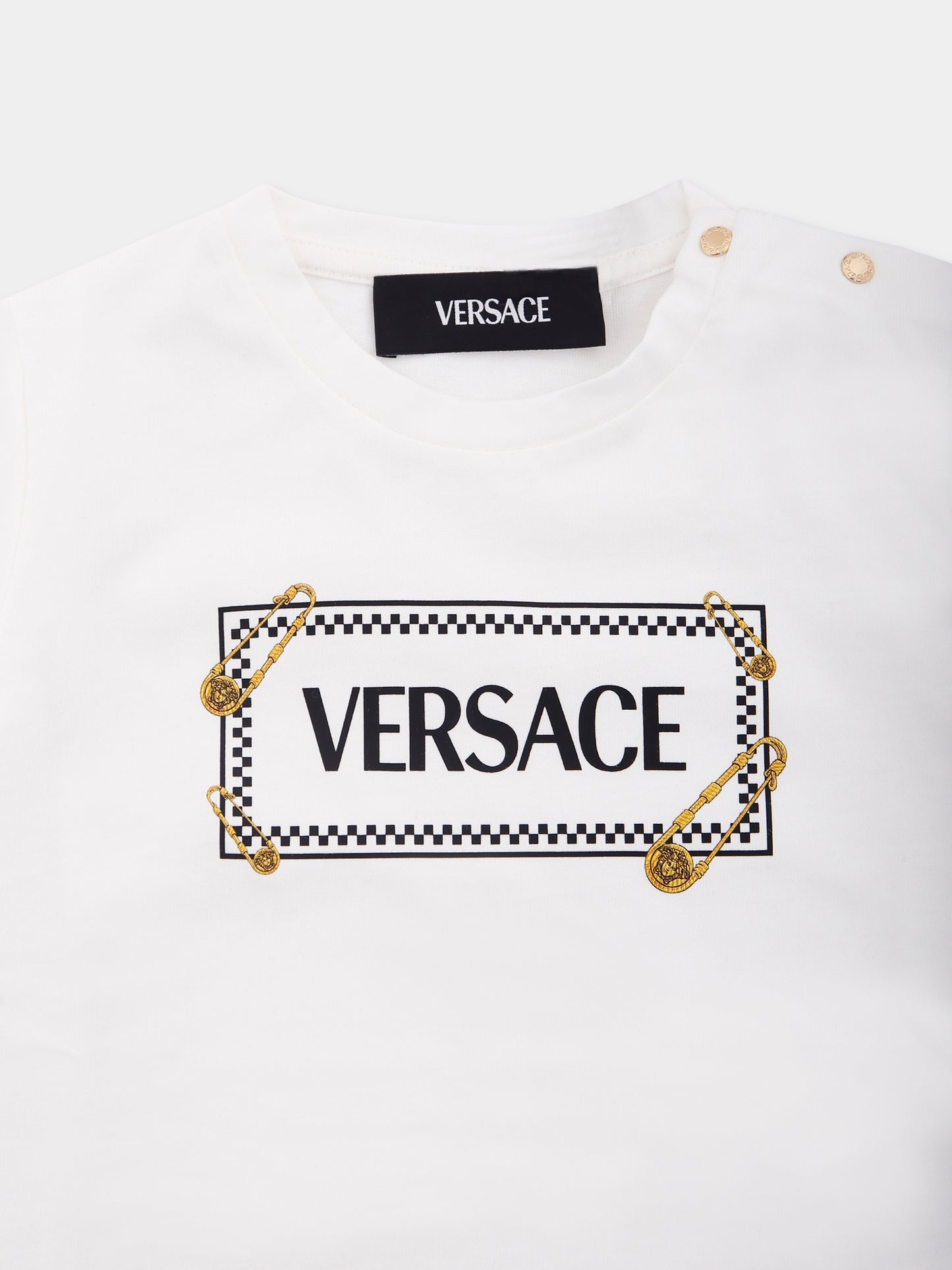 T-shirt bianca per neonati con '90 Vintage Logo e spille,Versace,1018570 1A14910 2W100