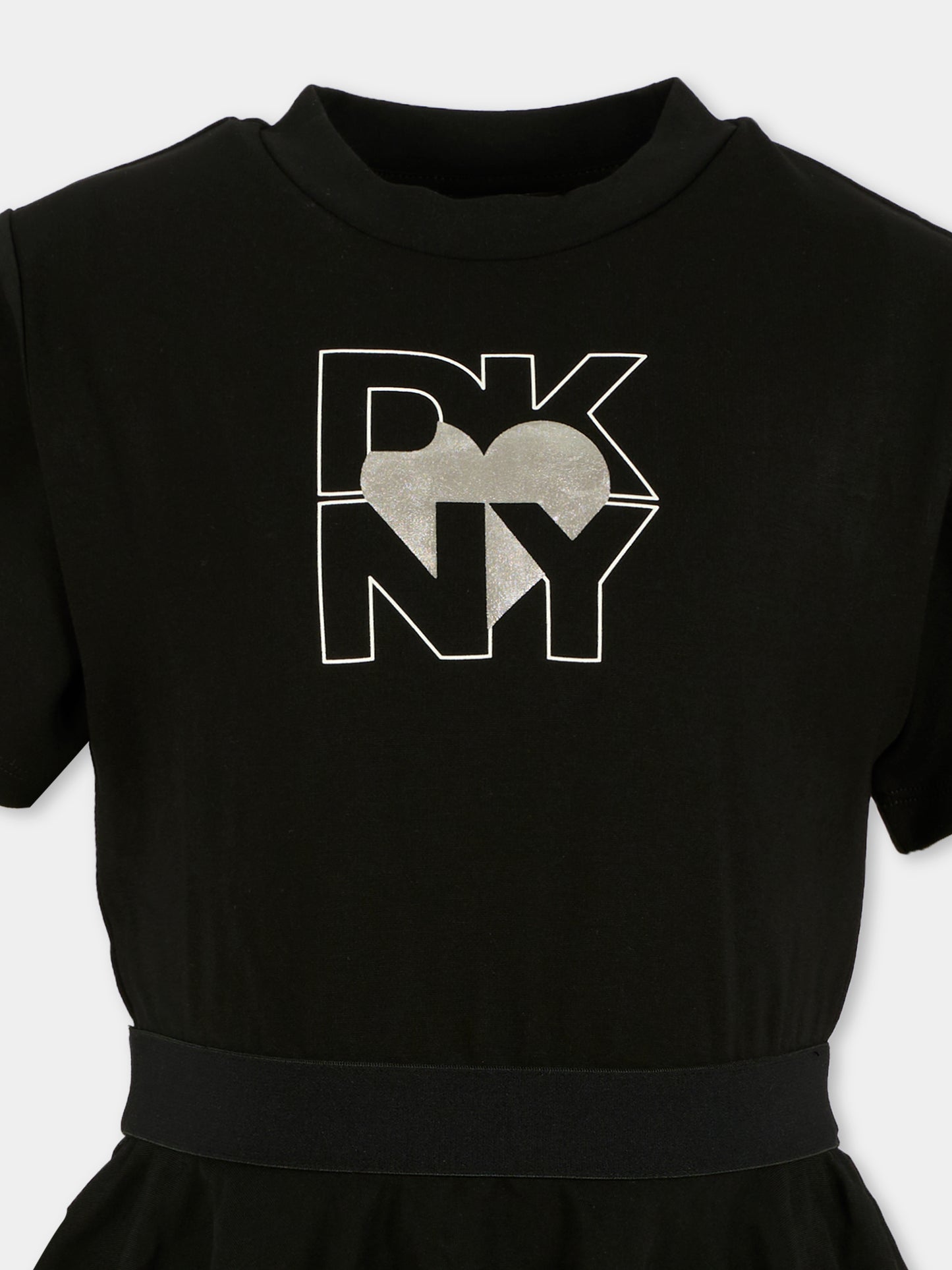 Vestito nero per bambina con logo bianco,Dkny,D62389 09B