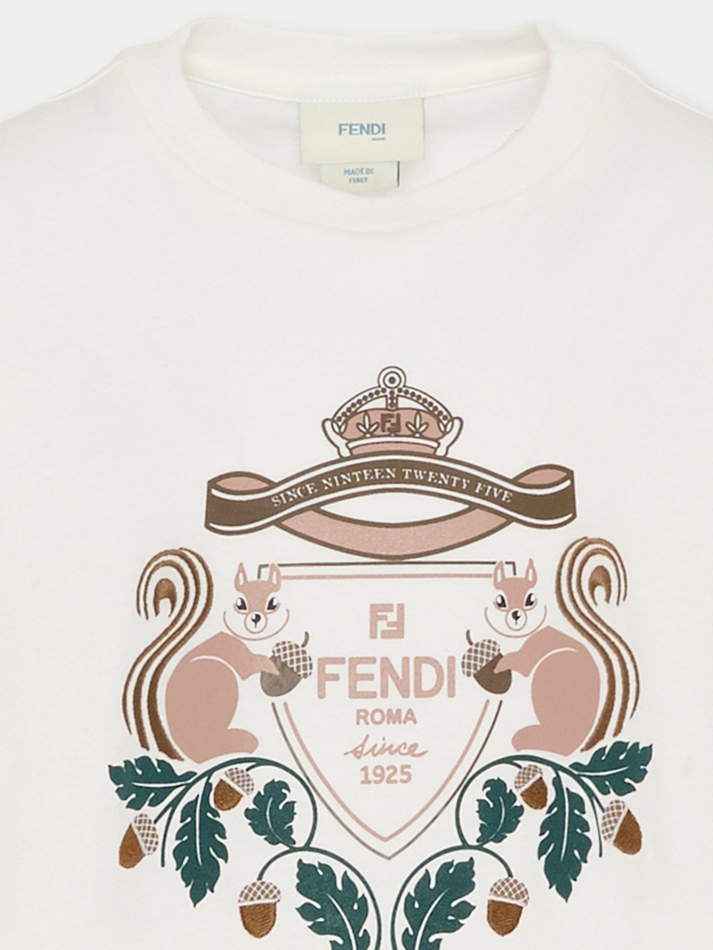 T-shirt bianca per bambini con logo e scoiattolo,Fendi Kids,JMI493 7AJ F0TU9
