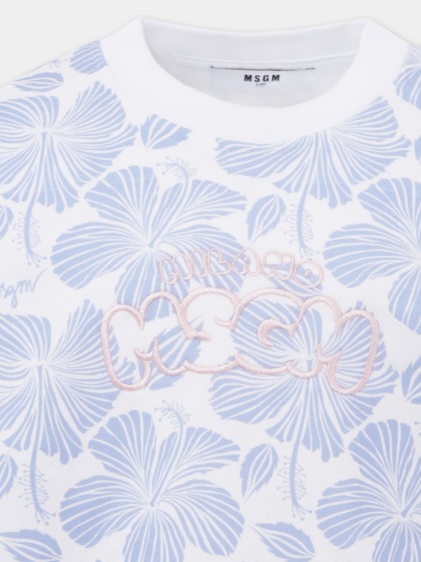 Felpa celeste per bambina con logo e fiori all over