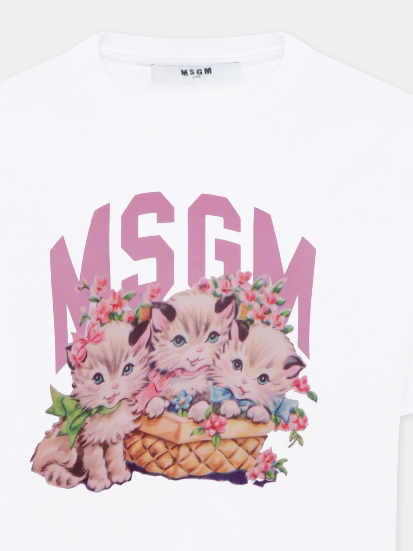 T-shirt bianca per bambina con stampa gatti e logo,Msgm Kids,S5MSJGTH109 001