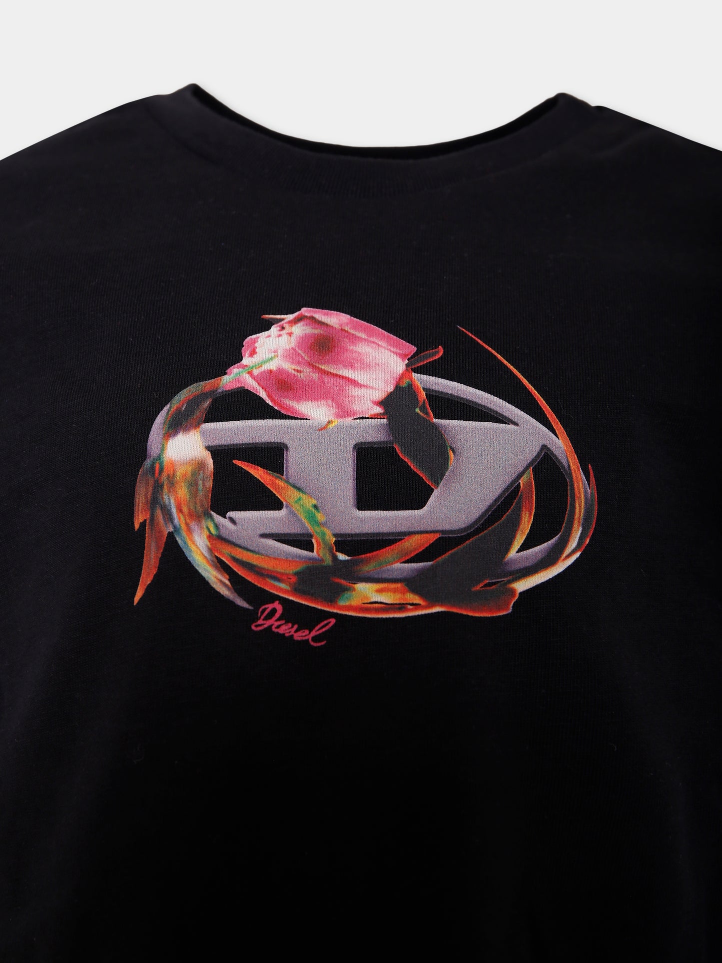 T-shirt nera per bambina con logo e stampa rosa,Diesel,J01978 0CATM K900