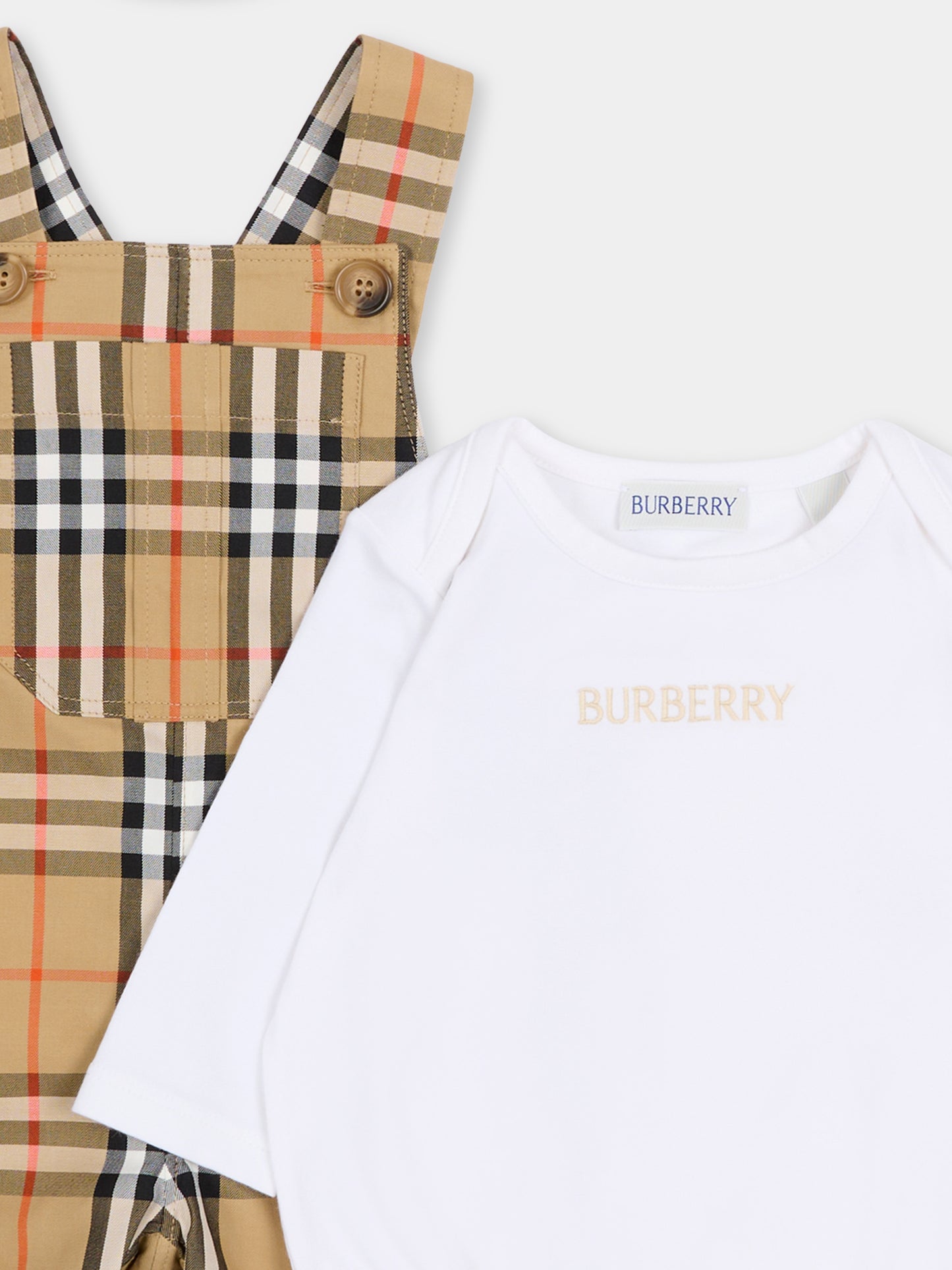Salopette beige per neonato con check vintage,Burberry Kids,8117965 B9368