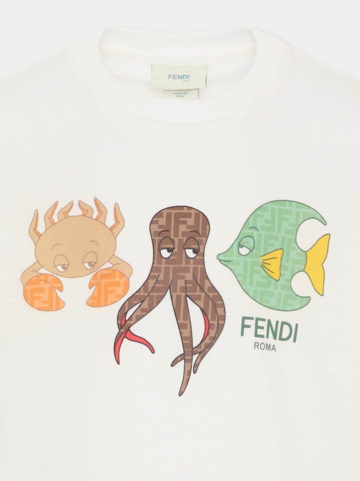 T-shirt avorio per bambino con polpo e FF,Fendi Kids,JMI505 7AJ F0TU9