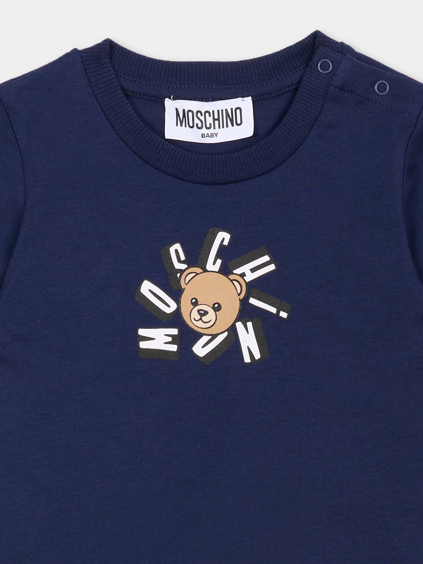 T-shirt blu per neonati con Teddy Bear,Moschino Kids,MXM047 LAA02 40016