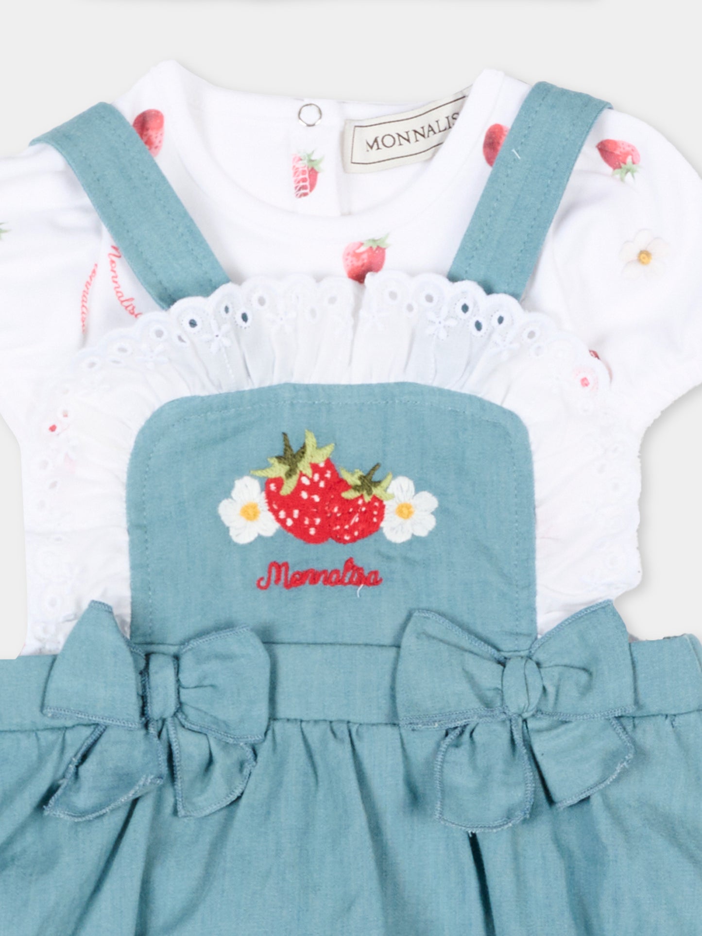 Salopette denim per neonata con fragole,Monnalisa,35G516 - 7081 - 0062