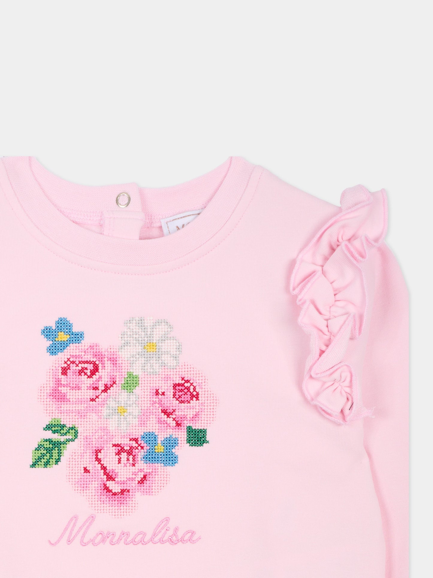 Felpa rosa per neonata con fiori ricamati,Monnalisa,39G604 - 7007 - 0090