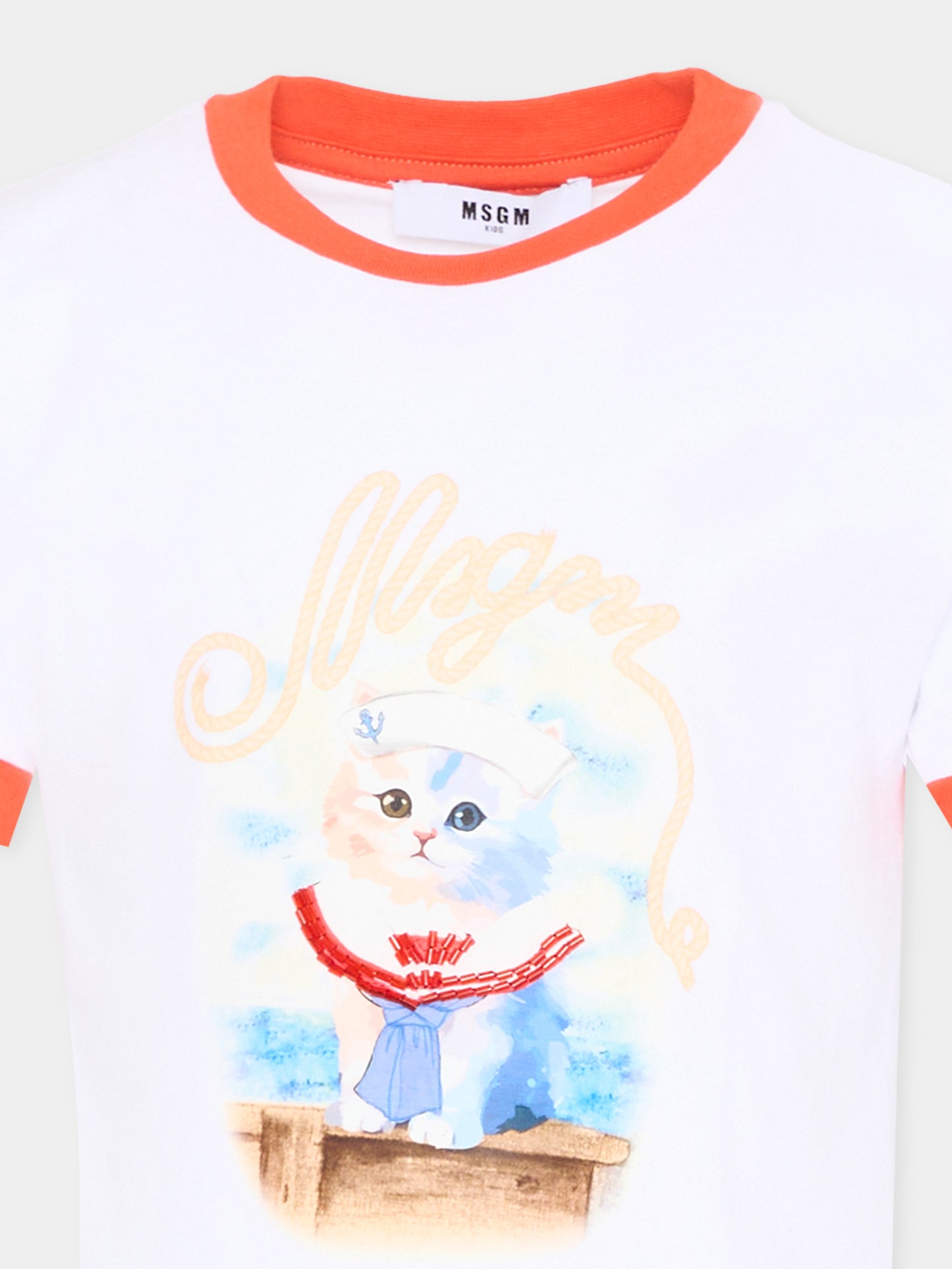 T-Shirt bianca per bambina con stampa gatto,Msgm Kids,S6MSJGTH016 001/84