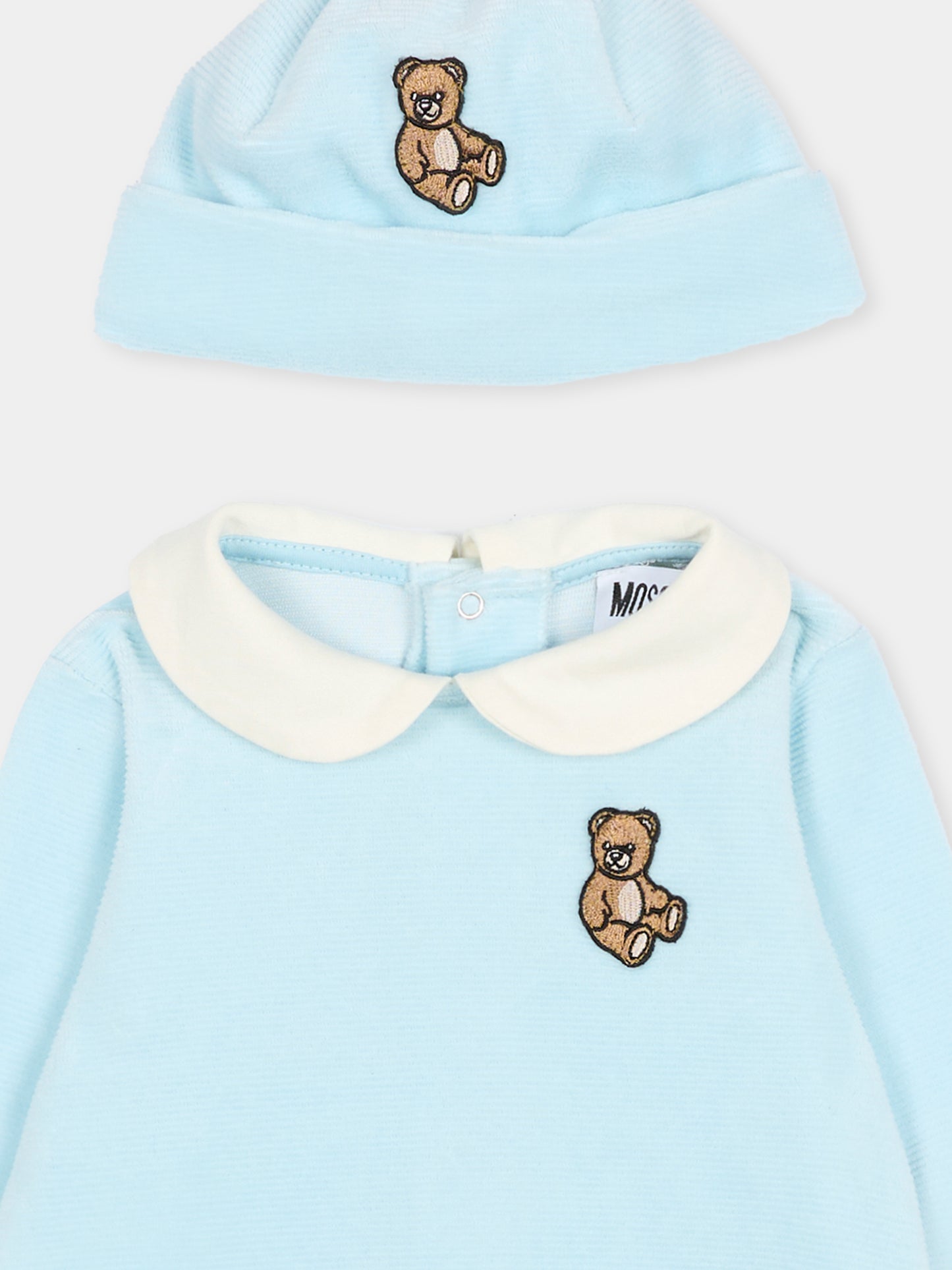 Set tutina celeste per neonato con patch Teddy Bear,Moschino Kids,MUY08H LGA27 40304