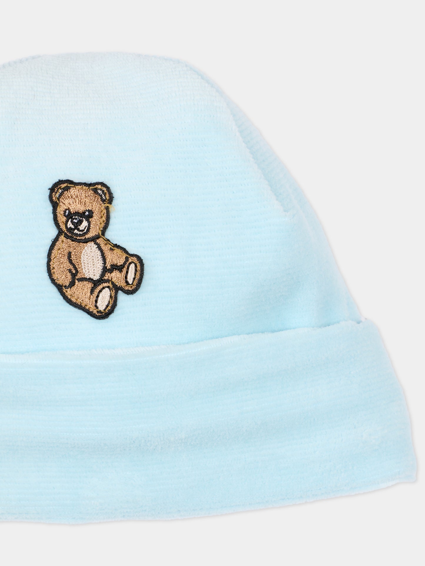 Cappello celeste per neonato con Teddy Bear,Moschino Kids,MUX05M LGA27 40304