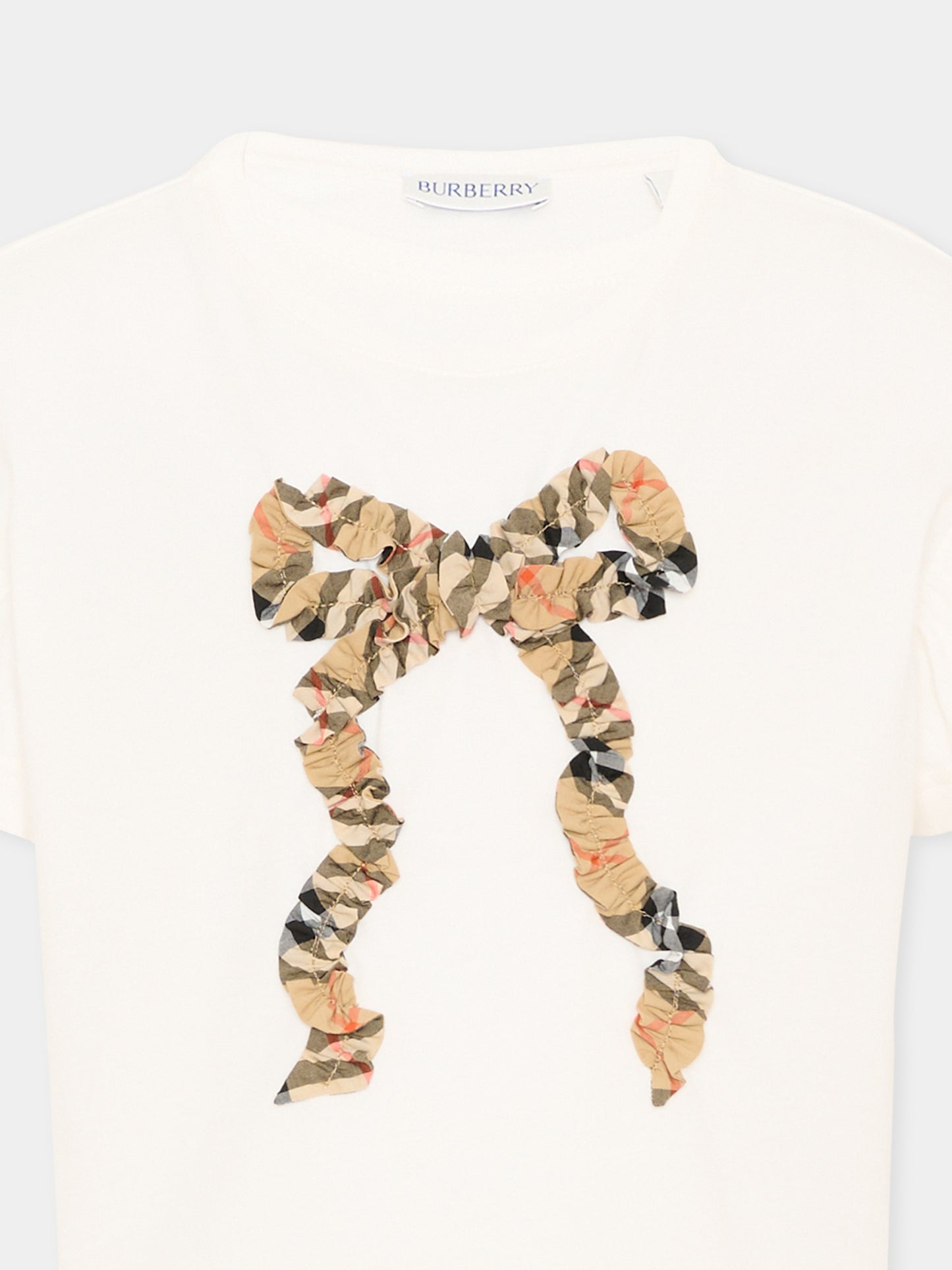 T-shirt avorio per bambina con fiocco check vintage