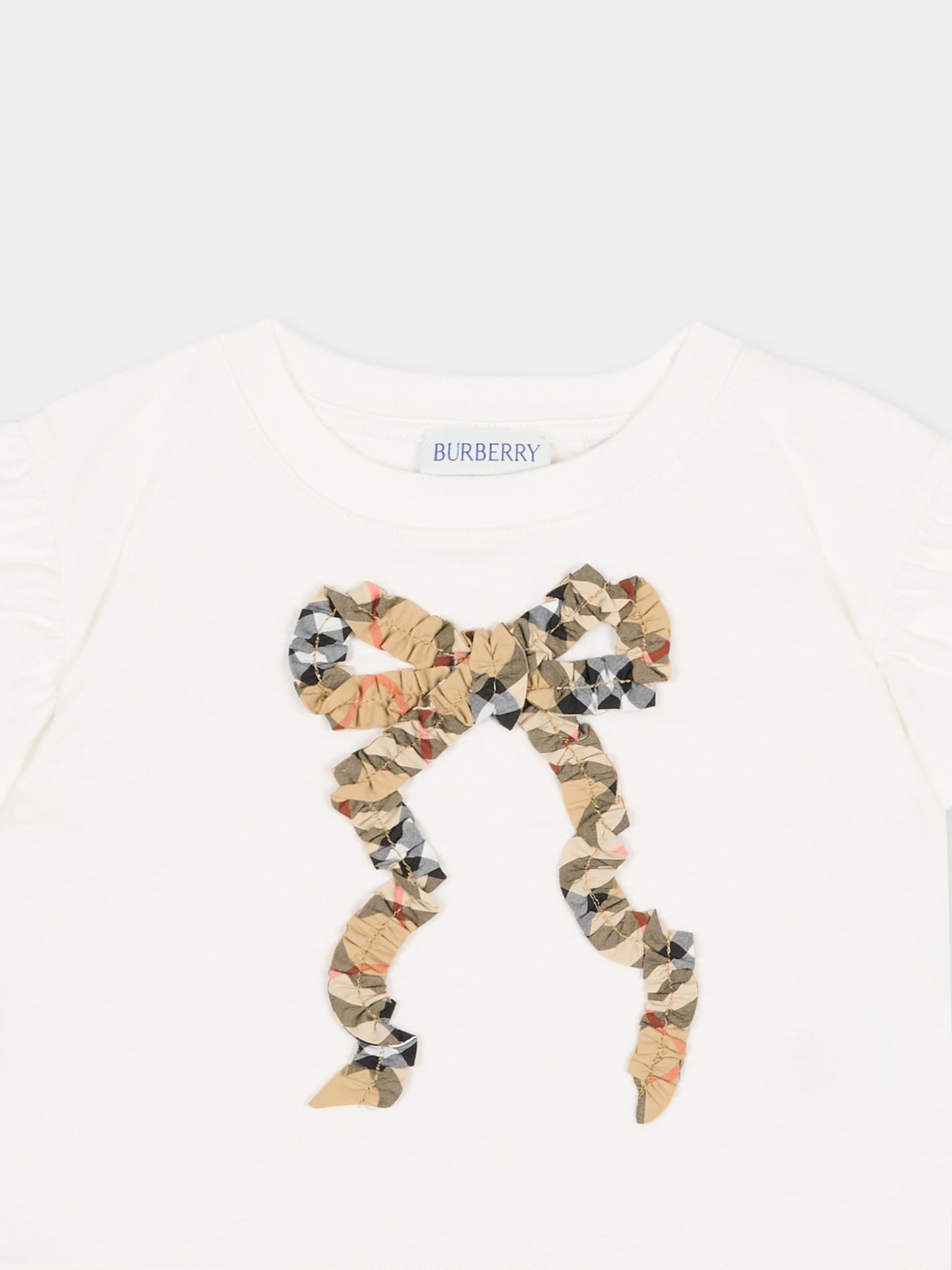 T-shirt avorio per neonata con fiocco check vintage