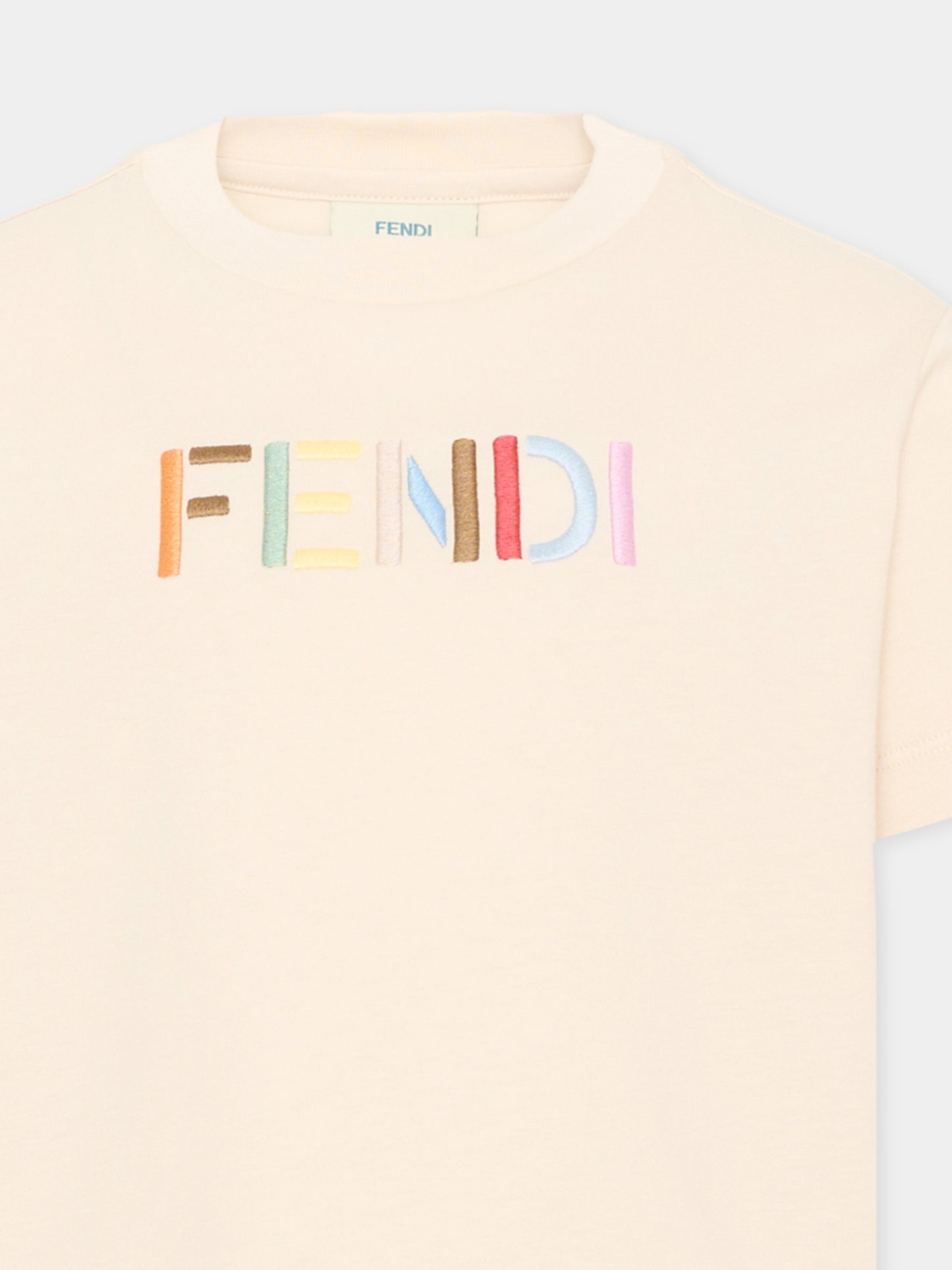 T-Shirt beige per bambini con logo,Fendi Kids,JUI208 AY8D F0XW5
