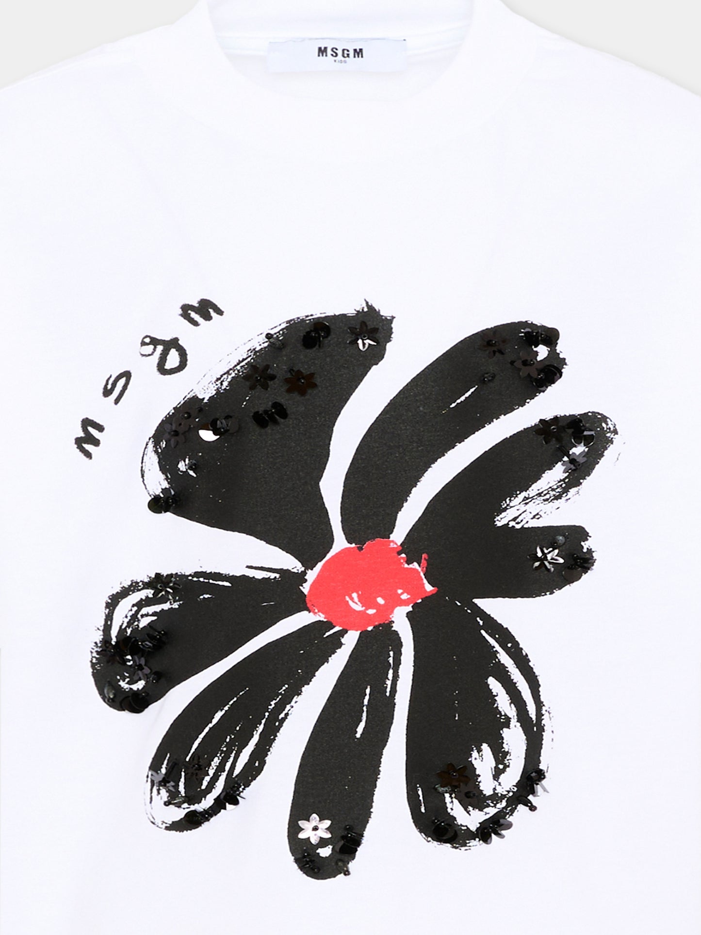 T-Shirt bianca per bambina con fiore,Msgm Kids,S6MSJGTH080 001