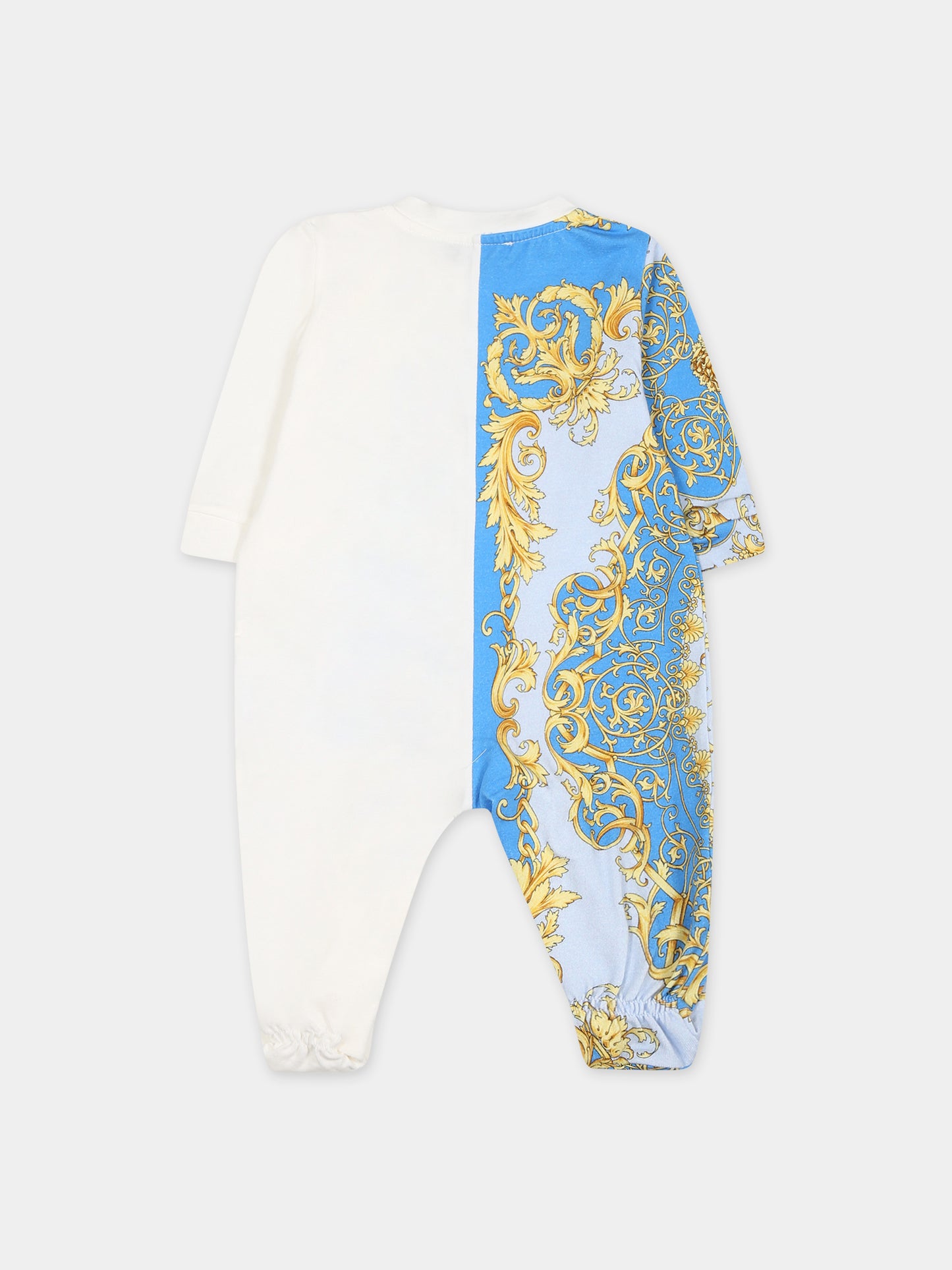 Tutina azzurra per neonato con logo e stampa barocco,Versace,1000053 1A08086 6X470