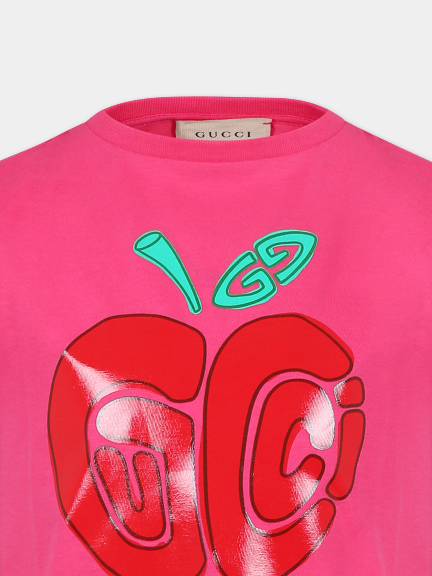 T-shirt fucsia per bambina con doppia G e mela,Gucci Kids,610190 XJF86 5716