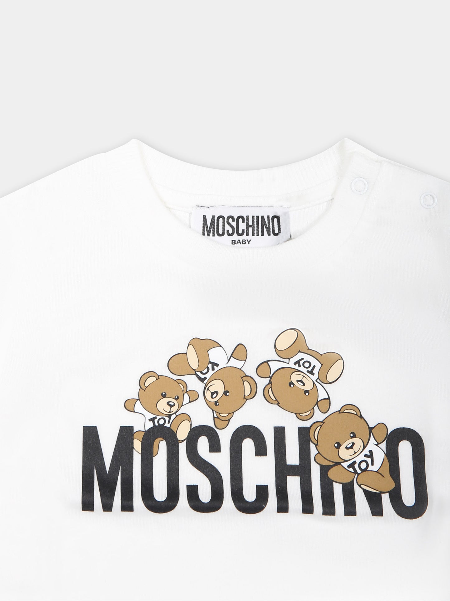 T-shirt bianca per neonato con Teddy Bears e logo,Moschino Kids,MWM032 LAA03 10101