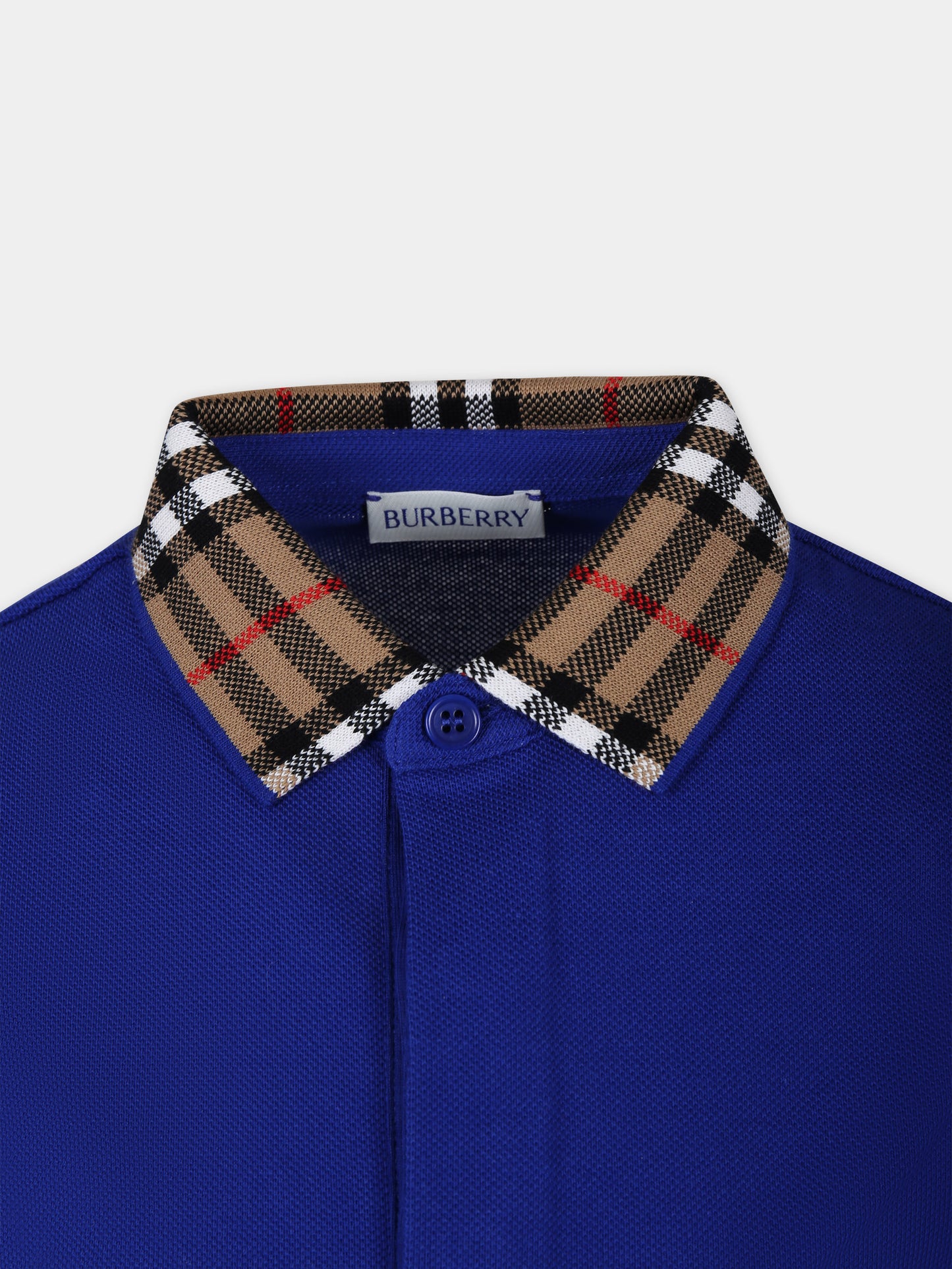 Polo azzurra per bambino con check vintage sul colletto,Burberry Kids,8078570 B7320