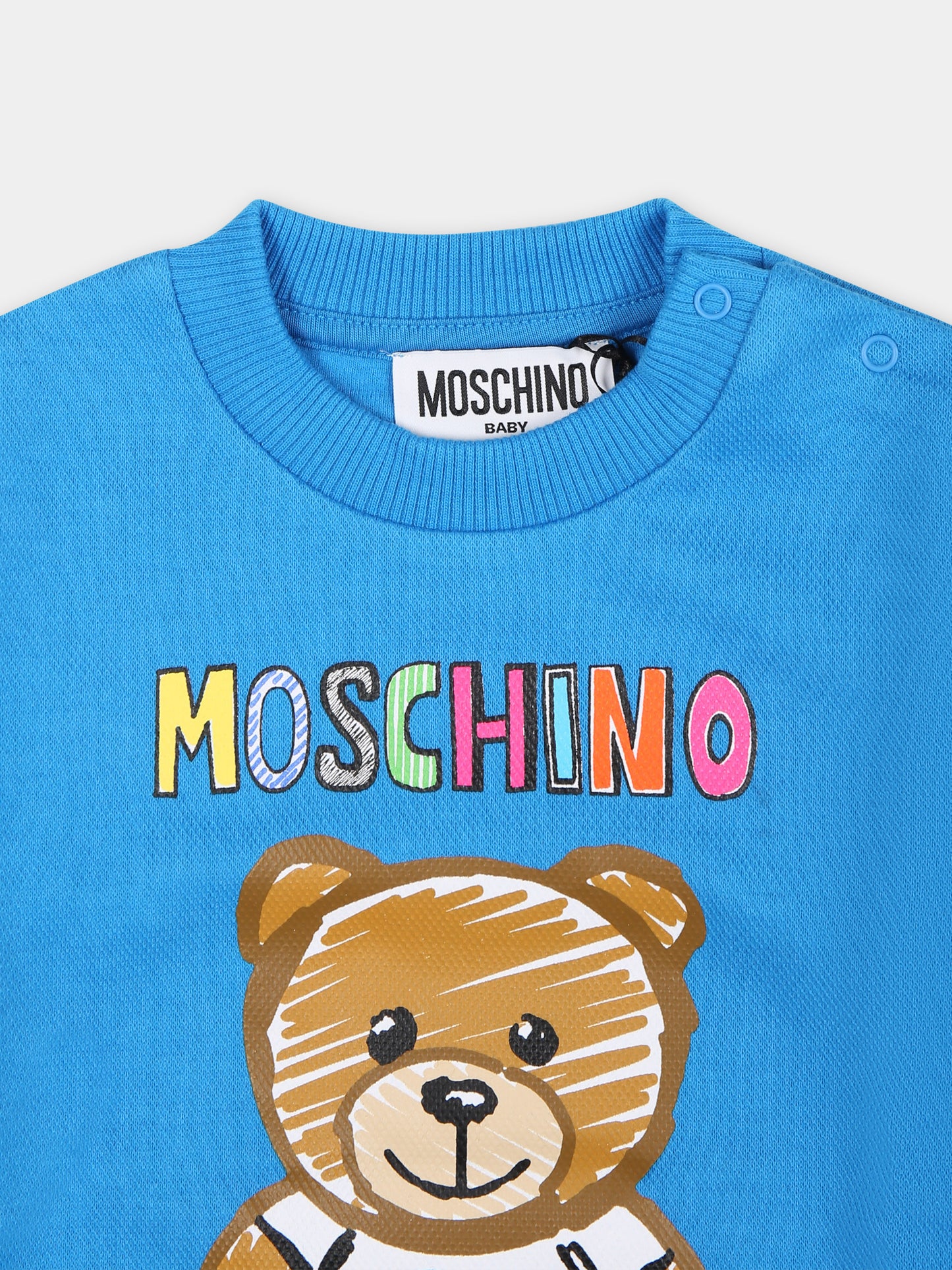 Felpa azzurra per neonati con Teddy Bear e logo multicolor,Moschino Kids,MTF04Q LCA64 41017