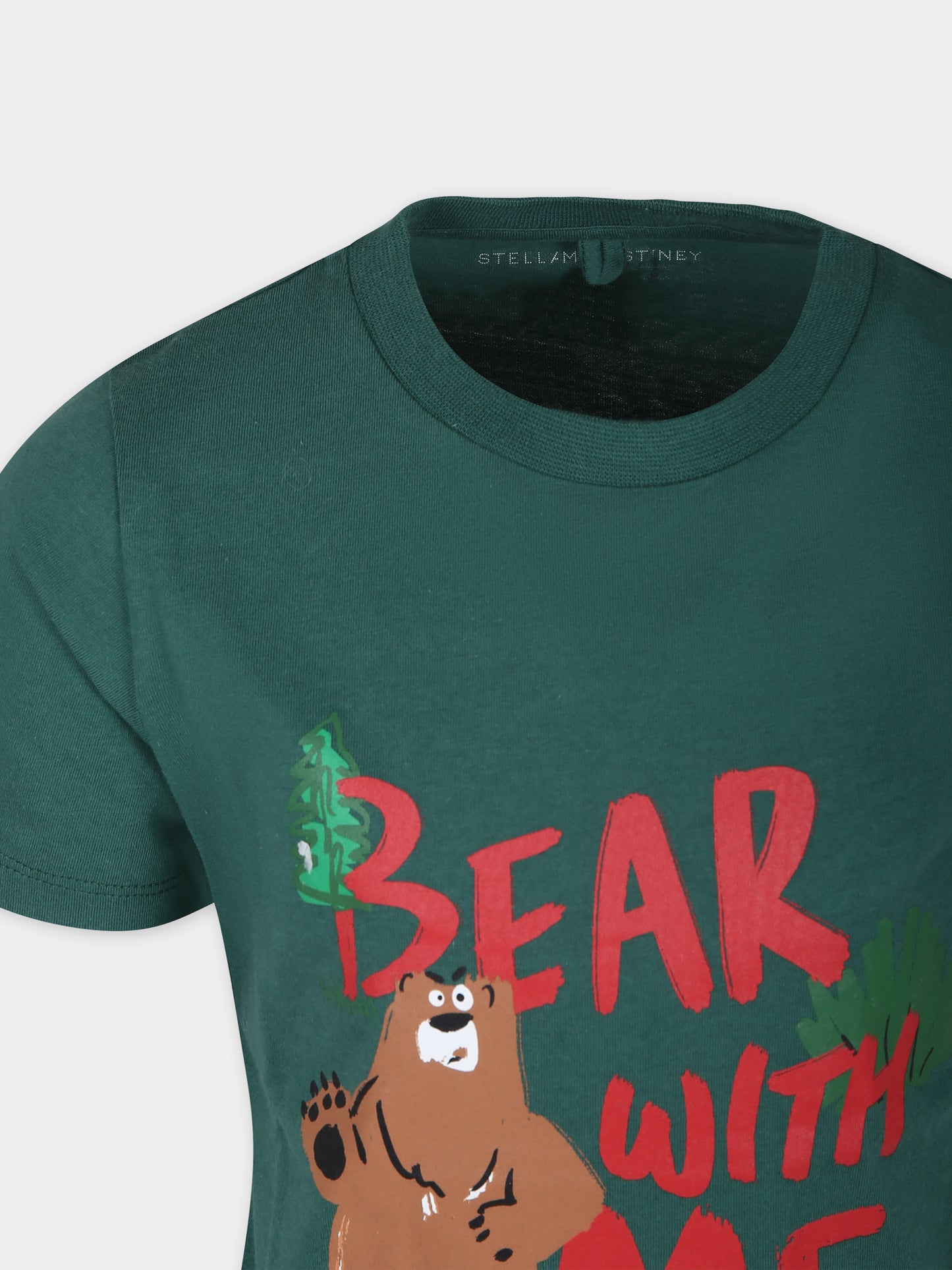 T-shirt verde per bambino con stampa orso e scritta,Stella Mccartney Kids,TT8P91 Z0434 719