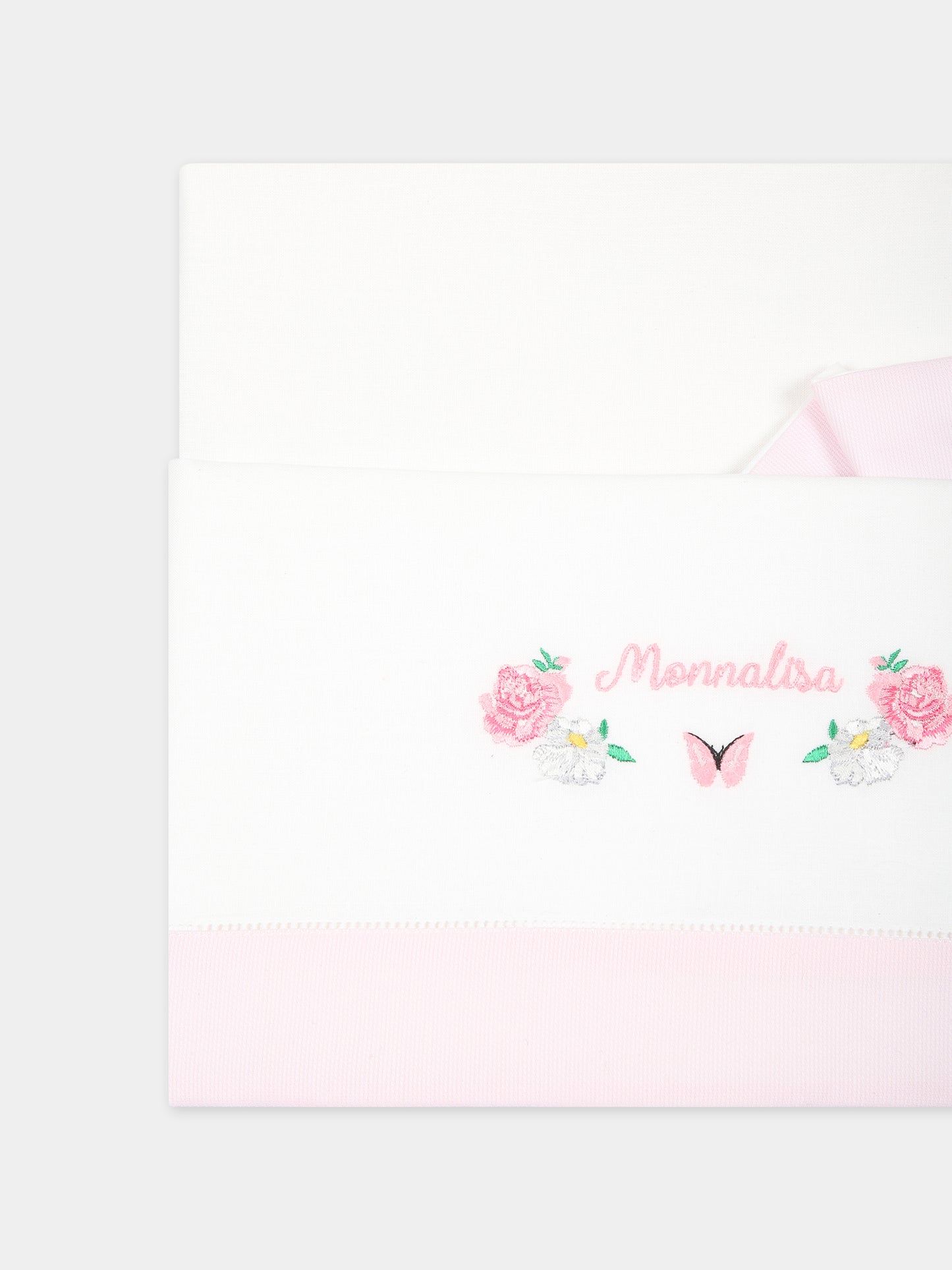 Set lenzuola bianche per neonata con fiori e logo,Monnalisa,35C004 3059 9990