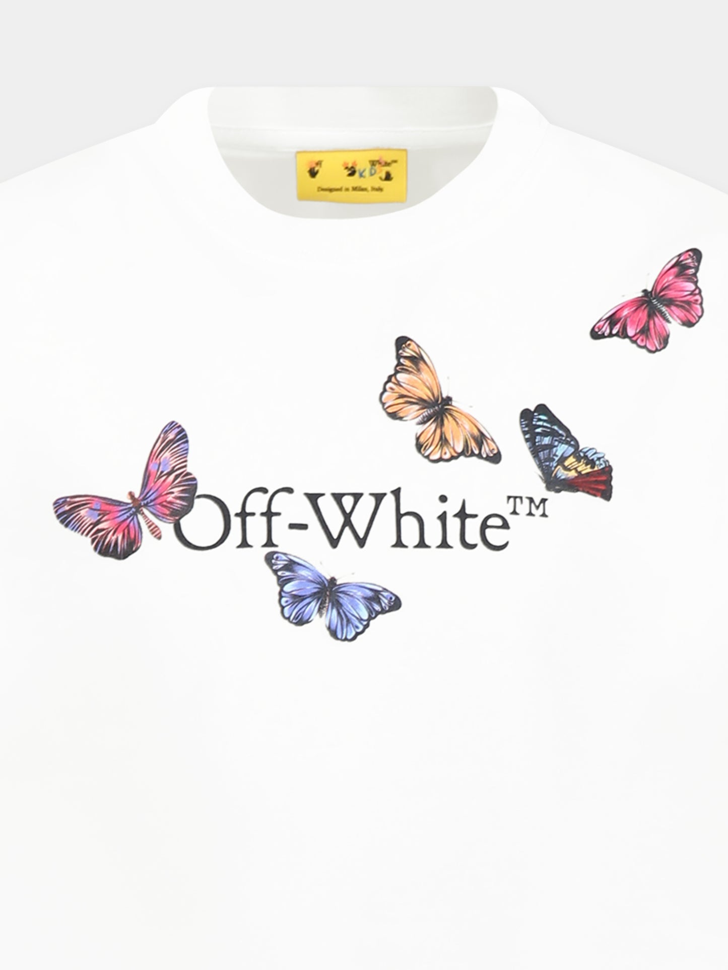 T-shirt bianca per bambina con logo e farfalle,Off White,OGAA001S25JER0030110