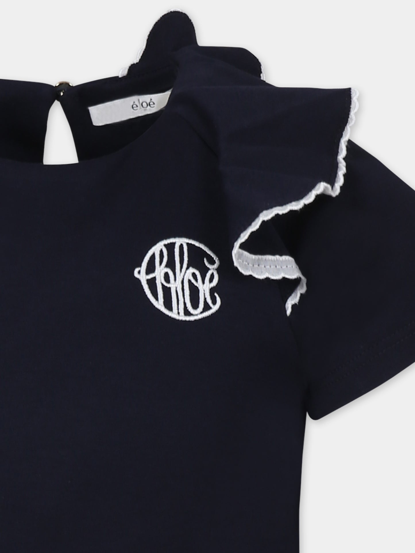 T-shirt blu per bambina con logo bianco ricamato,Chloé Kids,C20491 859