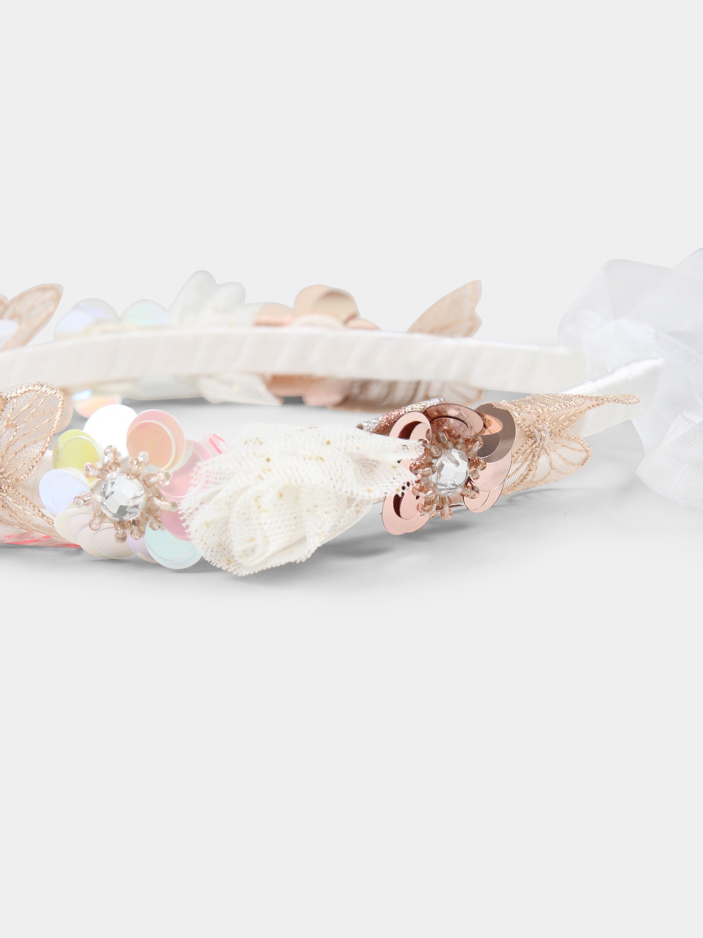Cerchietto avorio per bambina con fiori e farfalle