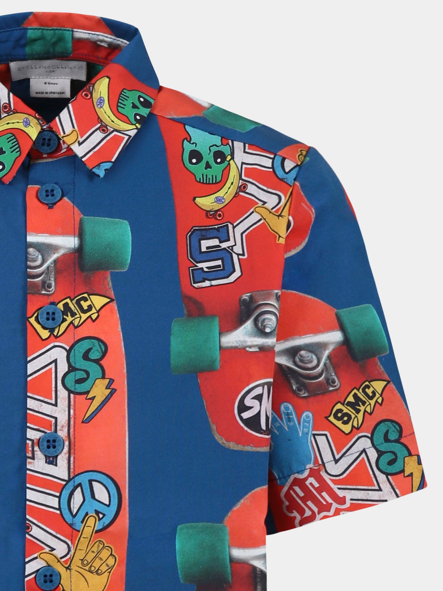 Camicia blu per bambino con skateboard all over,Stella Mccartney Kids,TW5P41 Z2664 60JMC