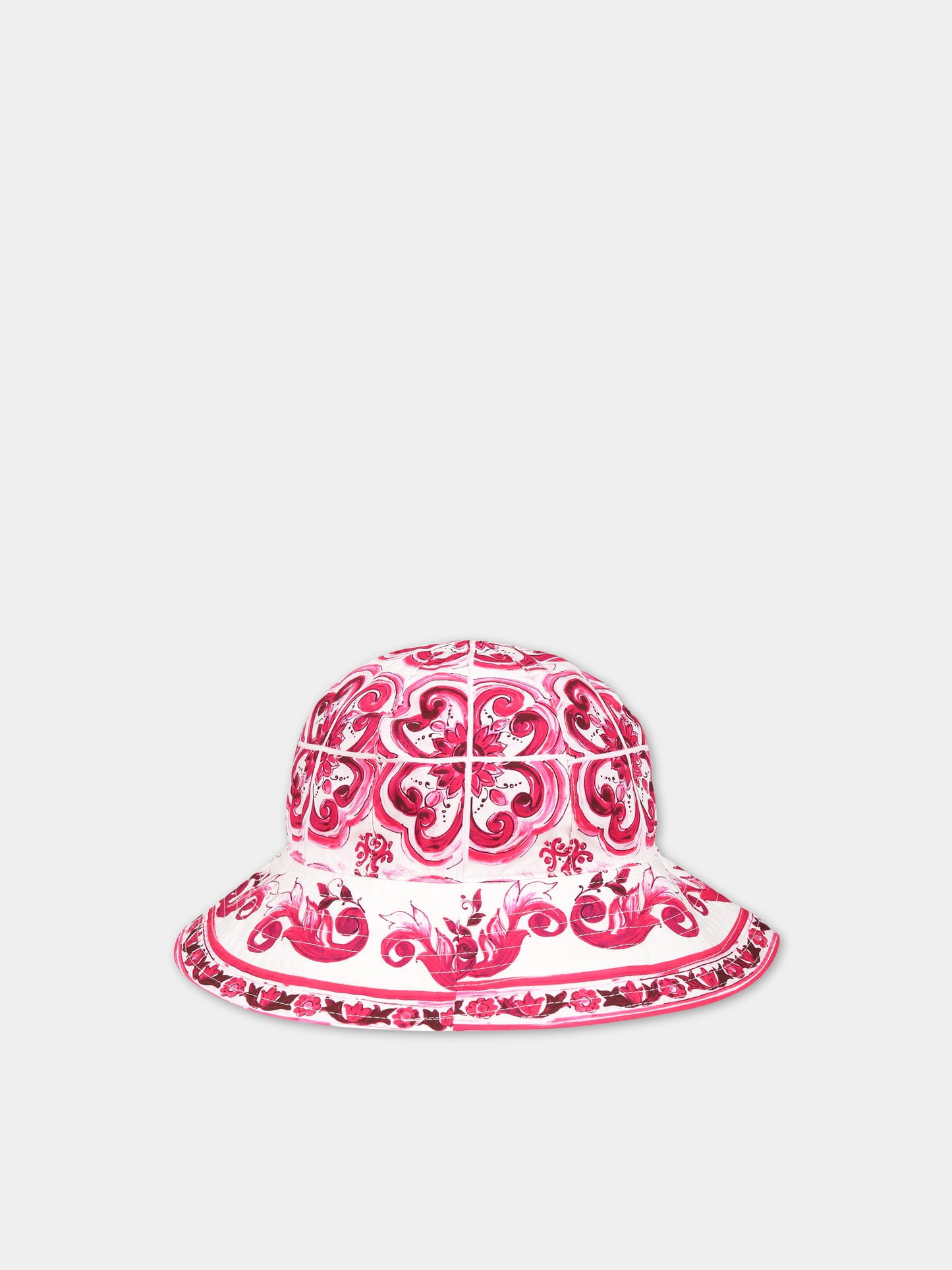 Cloche bianca per bambina con iconiche maioliche e logo,Dolce & Gabbana Kids,LB4H48 G7E1J HE3TN