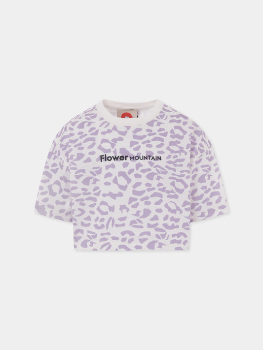 T-shirt crop bianca per bambina con logo e stampa animalier