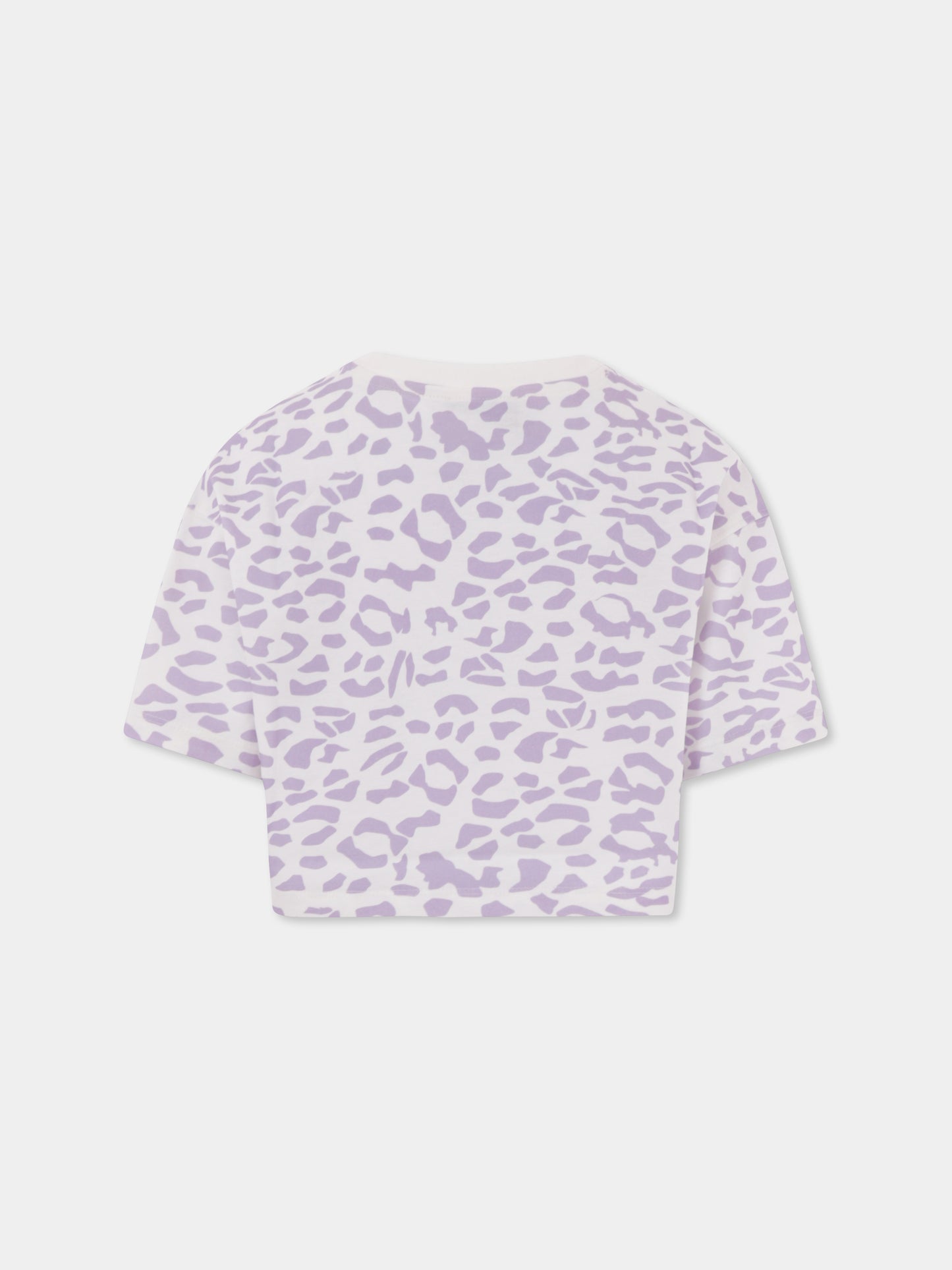 T-shirt crop bianca per bambina con logo e stampa animalier