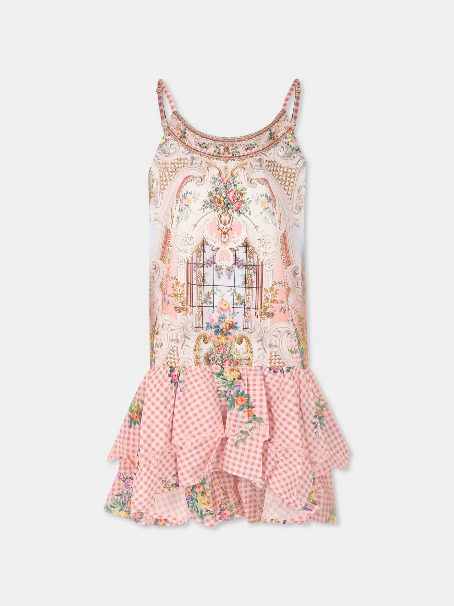 Vestito rosa per bambina con stampa floreale e strass,Camilla,00034331 LISBLULL