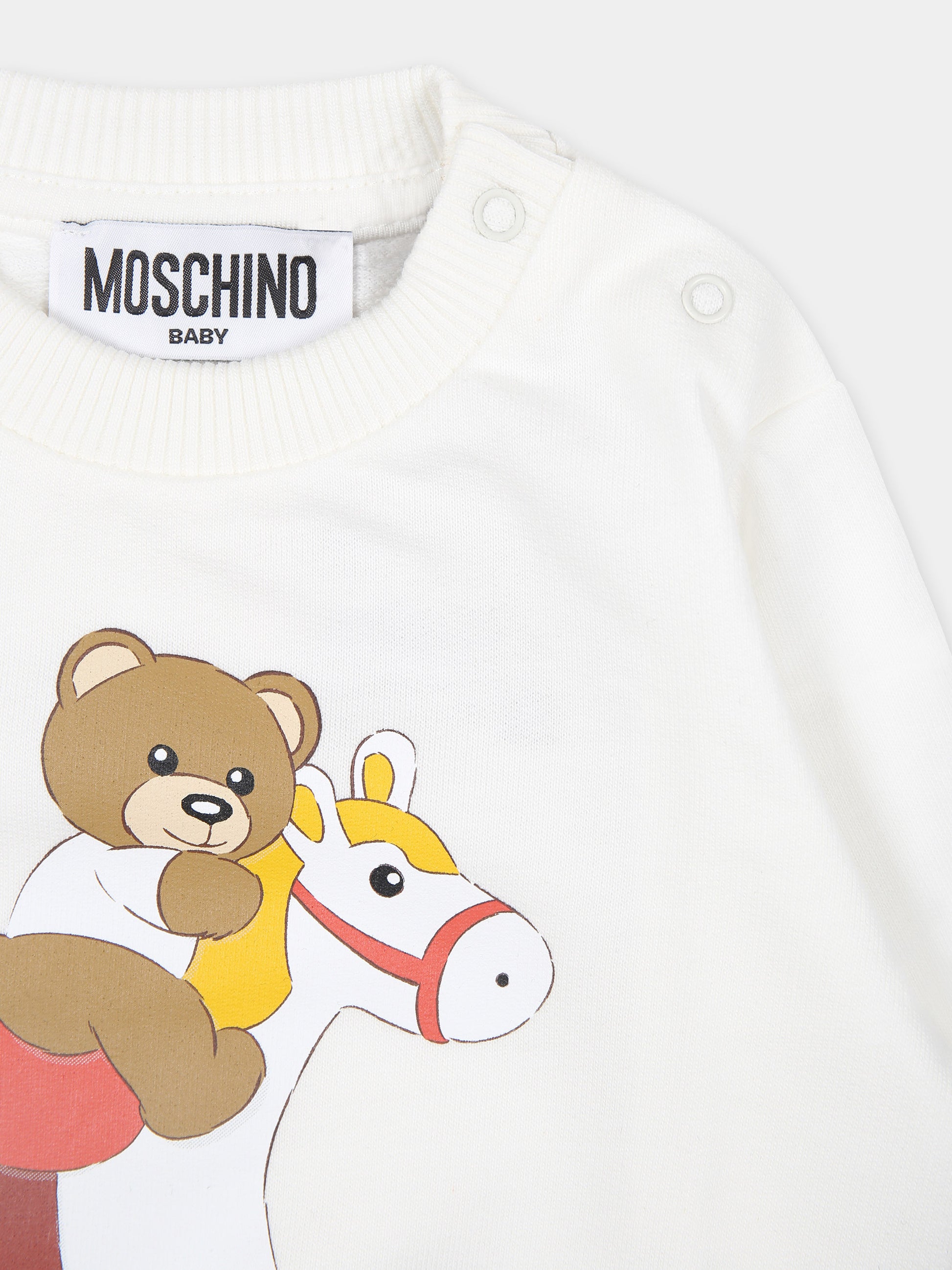 Felpa avorio per neonati con Teddy Bear e cavallo a dondolo,Moschino Kids,MYF04Q LCA19 10063