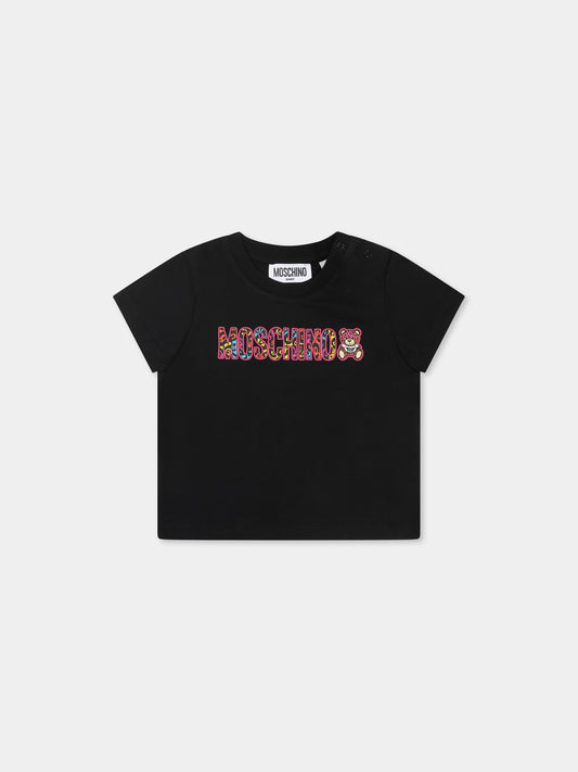 T-shirt nera per neonata con Teddy Bear e logo,Moschino Kids,MBM02U LBA00 60100