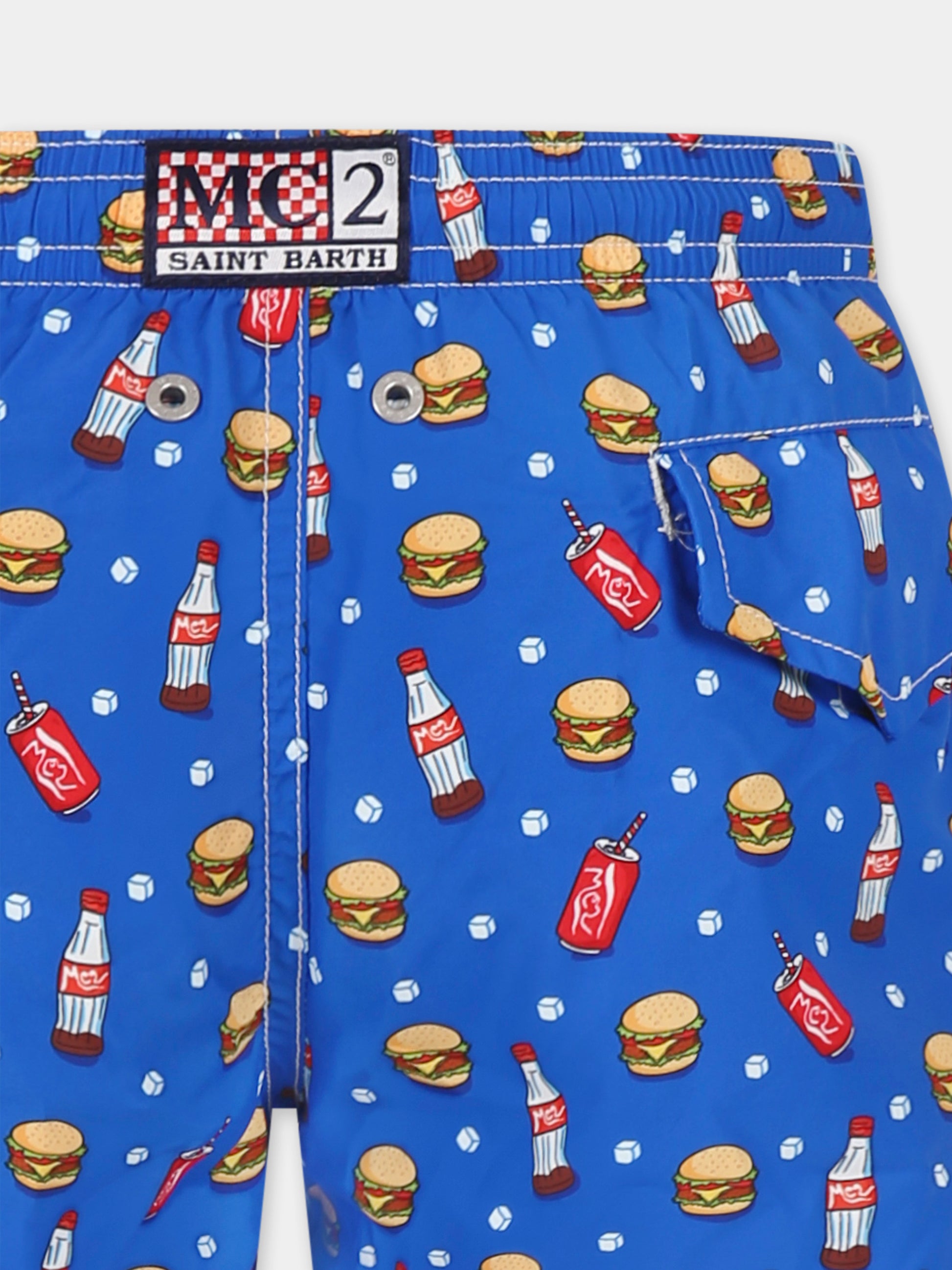 Boxer mare blu per bambino con hamburger e cola all over,Mc2 Saint Barth,JEA0004 03611H