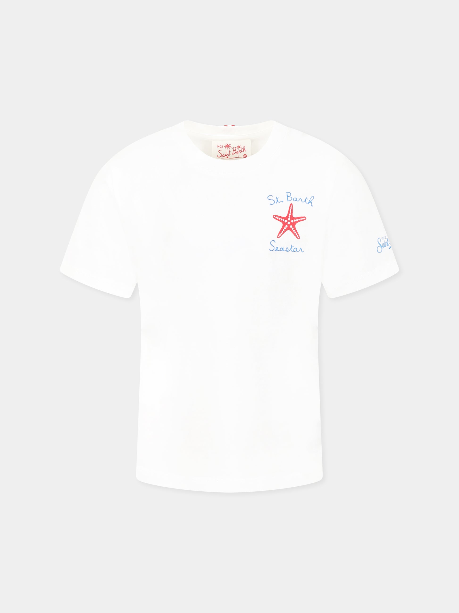 T-shirt bianca per bambino con stella marina e logo,Mc2 Saint Barth,POT0002 04720H