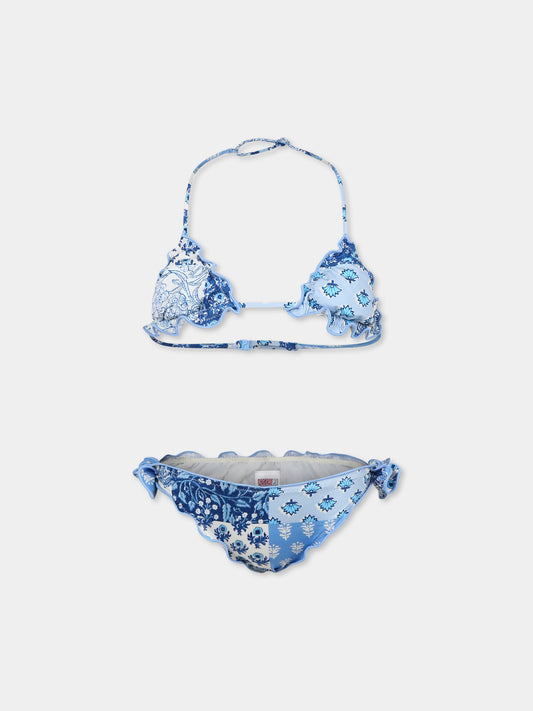 Bikini celeste per bambina con stampa floreale