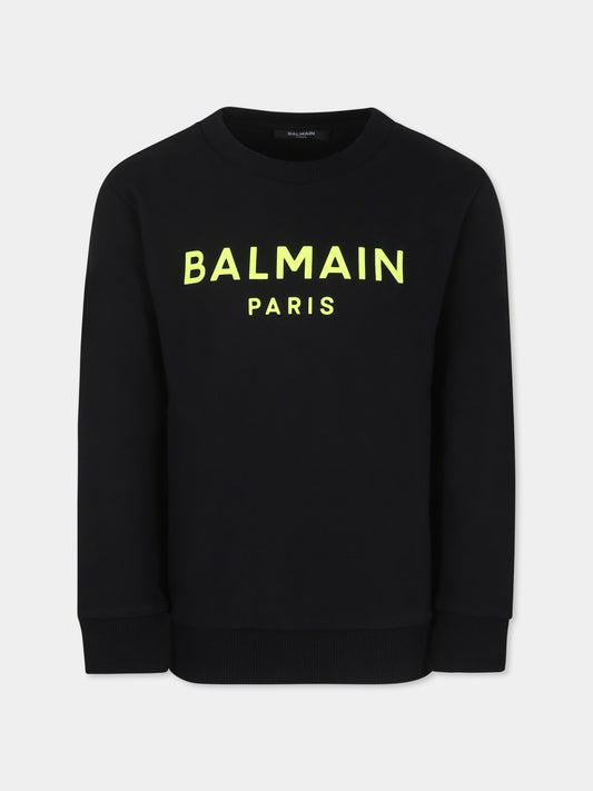 Felpa nera per bambini con logo giallo fluo,Balmain Kids,BU4Q30 Z0081 930GL