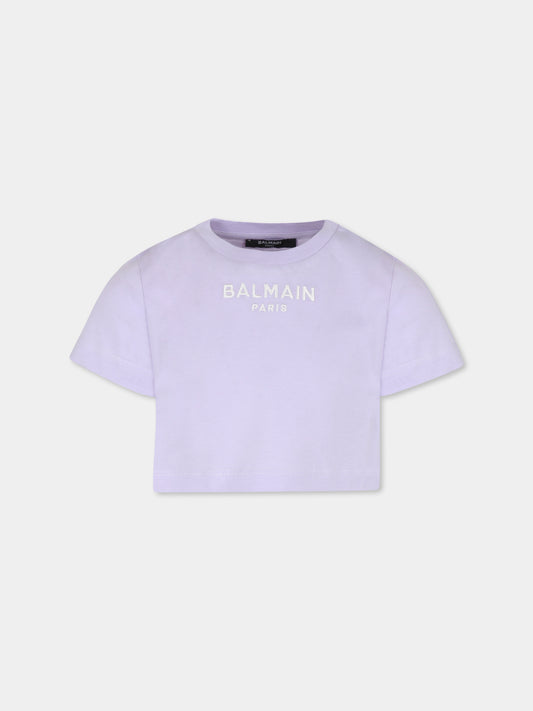 T-shirt crop viola per bambina con logo