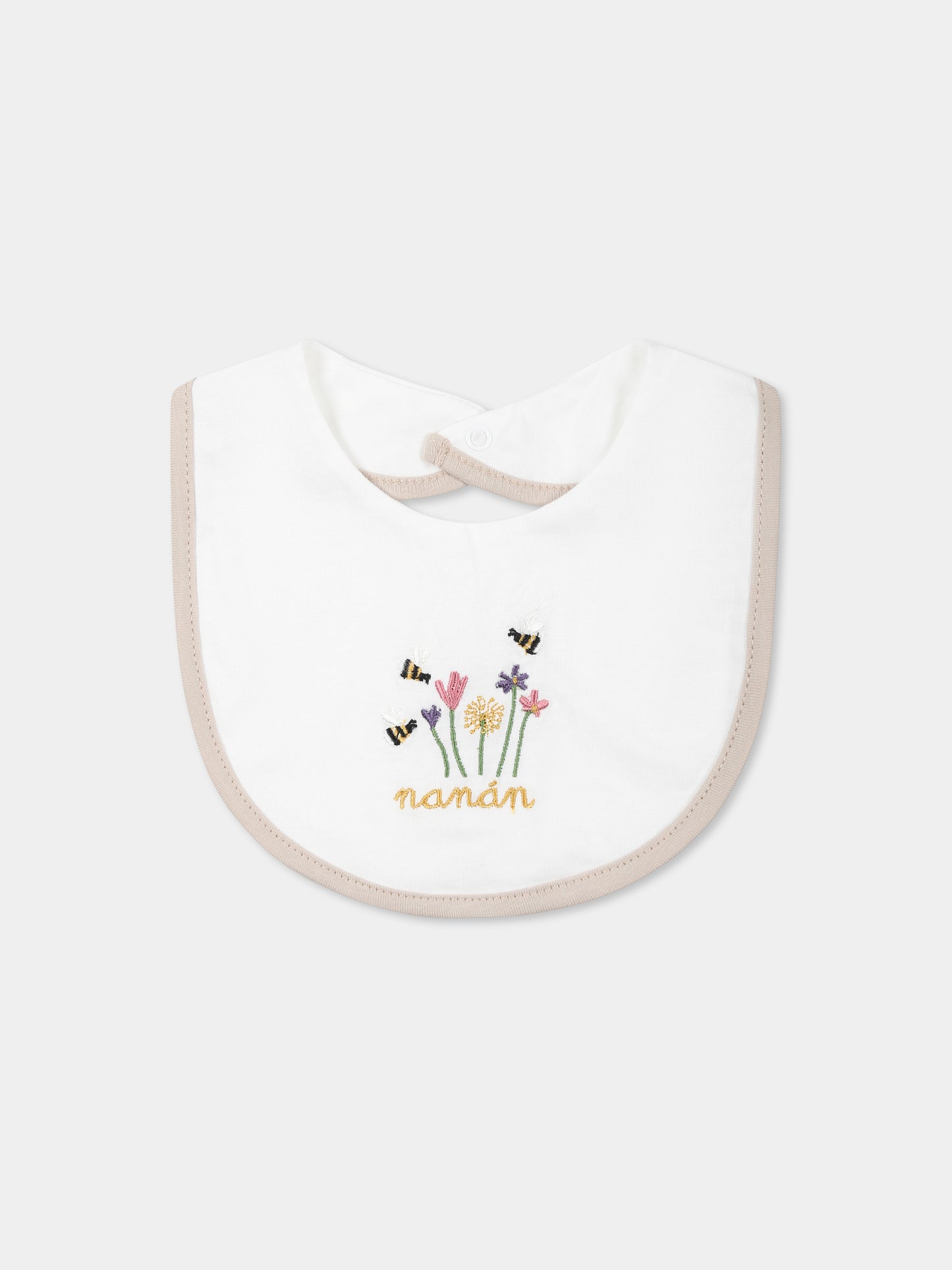 Bavaglino bianco per neonata con api e logo,Nanán,E25407B
