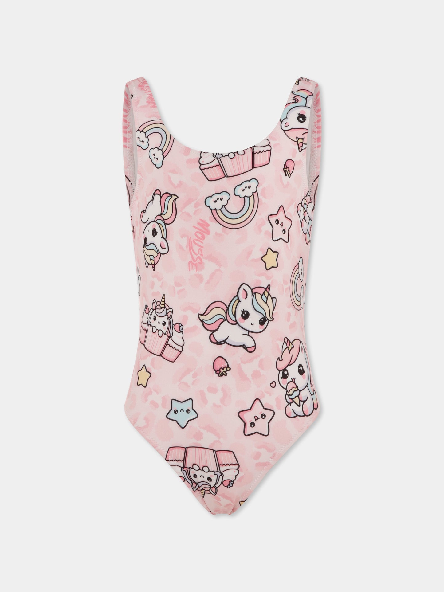 Costume intero rosa per bambina con unicorno all over