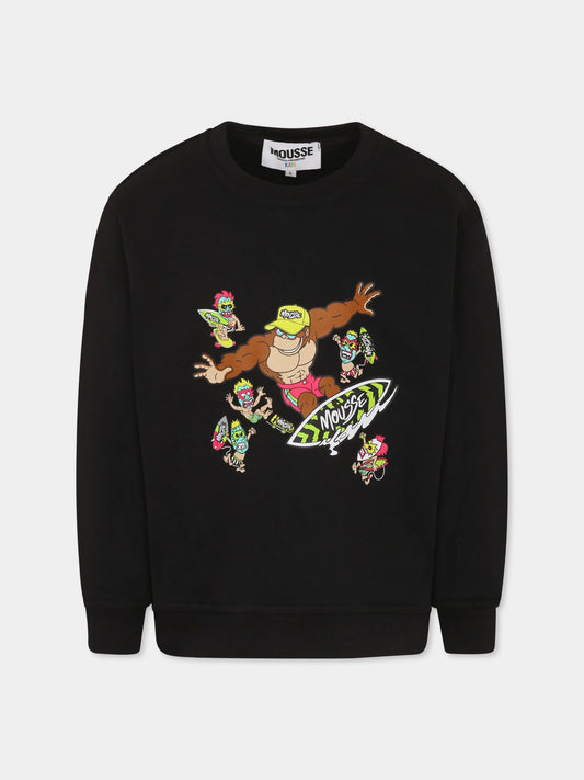 Felpa nera per bambino con scimmia e mostri maori,Mousse Kids,SKFG383B
