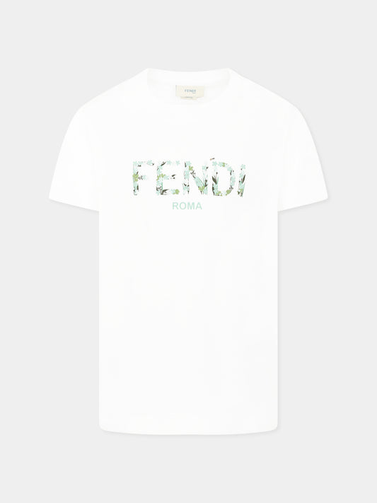 T-shirt bianca per bambina con logo floreale