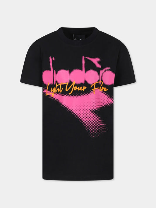 T-shirt nera per bambina con logo e scritta,Diadora Kids,F3DIJGTH091 110