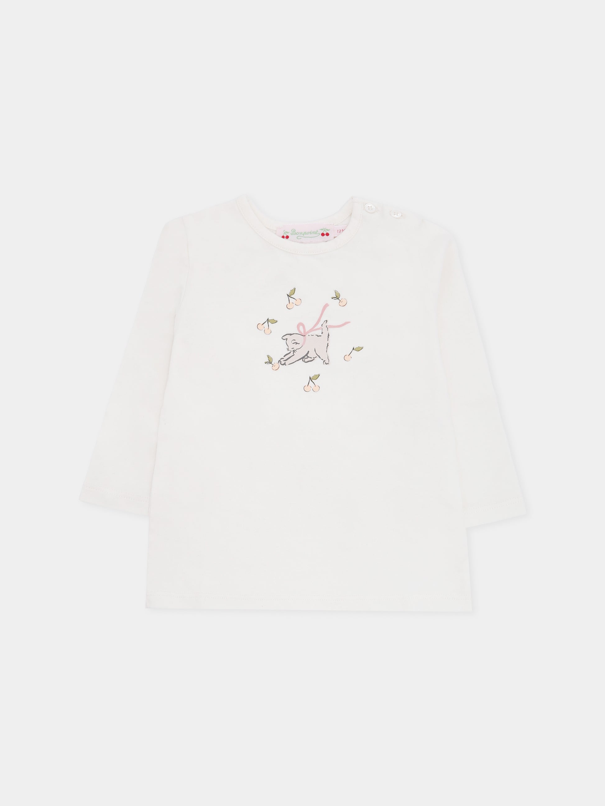 T-shirt avorio per neonata con ciliegie e gatto,Bonpoint,W05XTSK00003 103