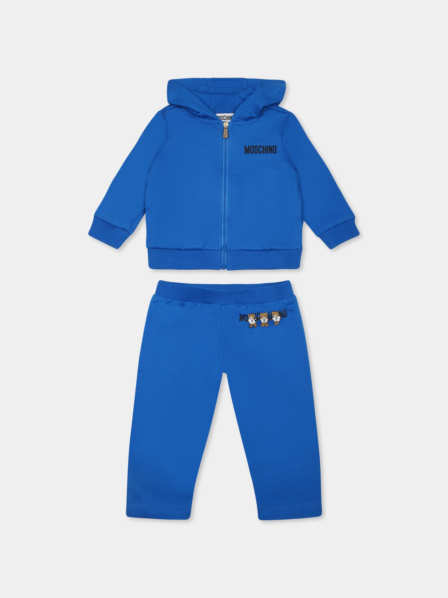 Completo azzurro per neonati con tre Teddy Bears,Moschino Kids,MUK04Y LCA40 40515